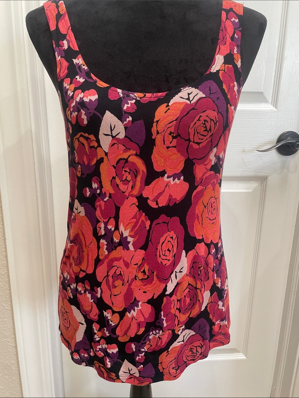 Free People Rose Print Scoop Neck Tank - Black, Pink & Orange....NWT